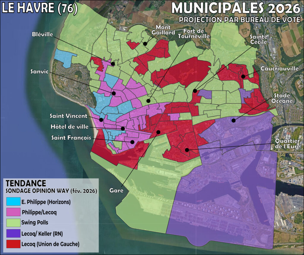 carte projection de sondage par bureau de vote Le Havre (normandie) municipales 2026 géomarketing électoral geoffrey pion