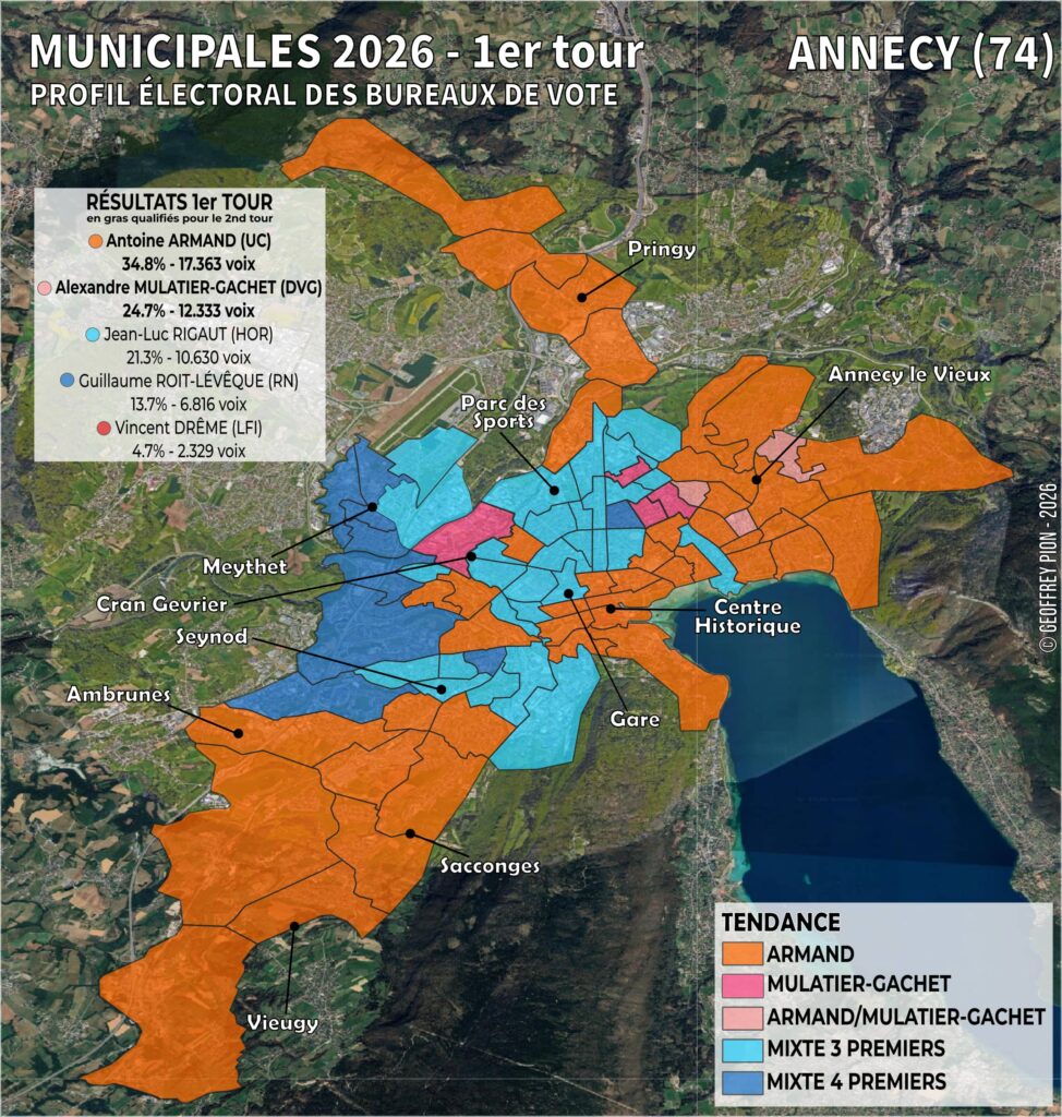 Carte des résultats du premier tour des municipales 2026 à Avignon par bureau de vote — Galzi (DVD) en tête, Fournier (PS) et Fiori (DVD) qualifiés, LFI présente avec Louvain