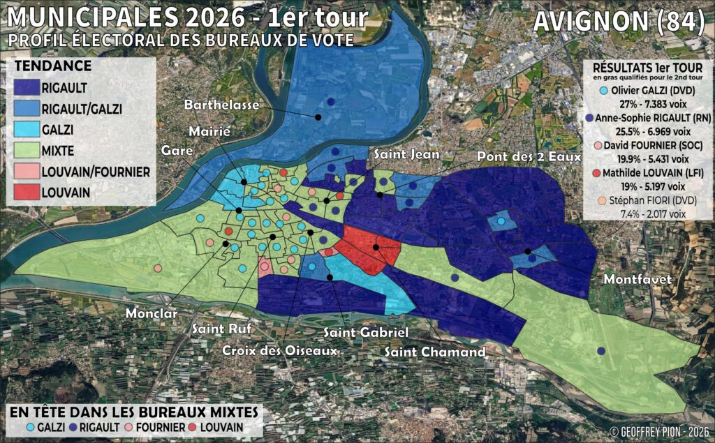 Carte des résultats du premier tour des municipales 2026 à avignon par bureau de vote — olivier galzi, david fournier, anne sophe rigault, mathilde louvain, quatre listes qualifiées au second tour