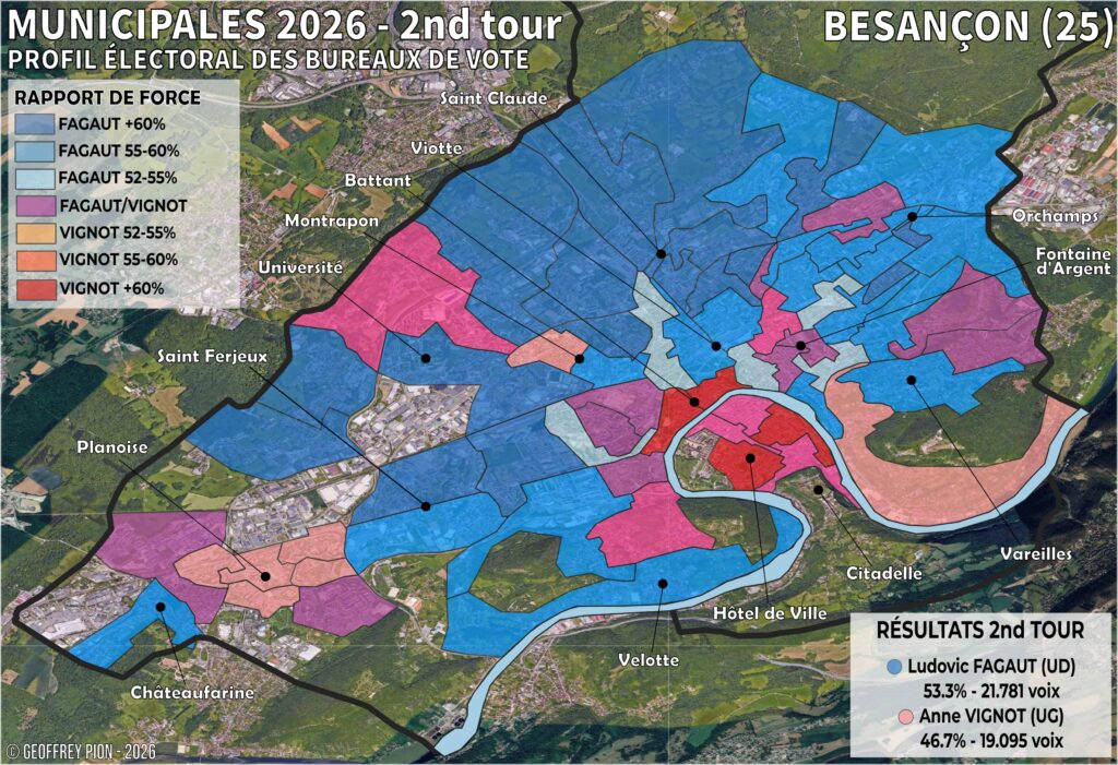 Carte des résultats du second tour des municipales 2026 à besançon (franche comté) par bureau de vote