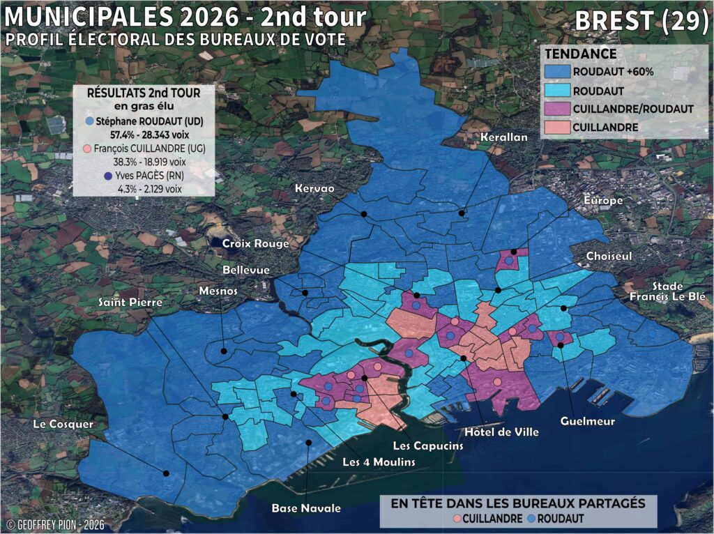 Carte électorale par bureaux de vote à Brest (Bretagne) — élection municipale 2026, second tour
