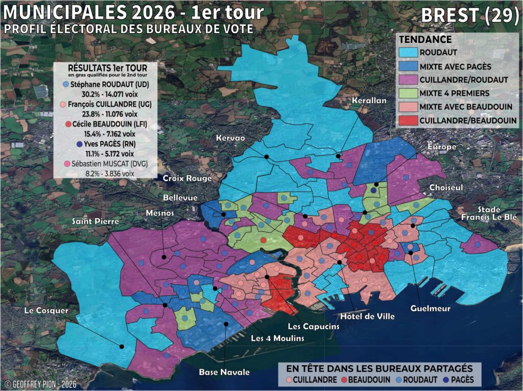 carte électorale brest, municipales 2026 brest, bureau de vote brest, géographie électorale bretagne cuilandre beaudouin roudaut 