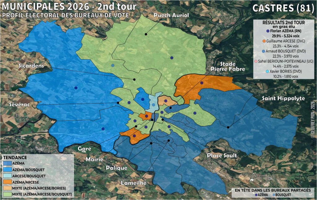 Carte des résultats du second tour des municipales 2026 à castres tarn par bureau de vote florian azéma, guillaume arcese RN