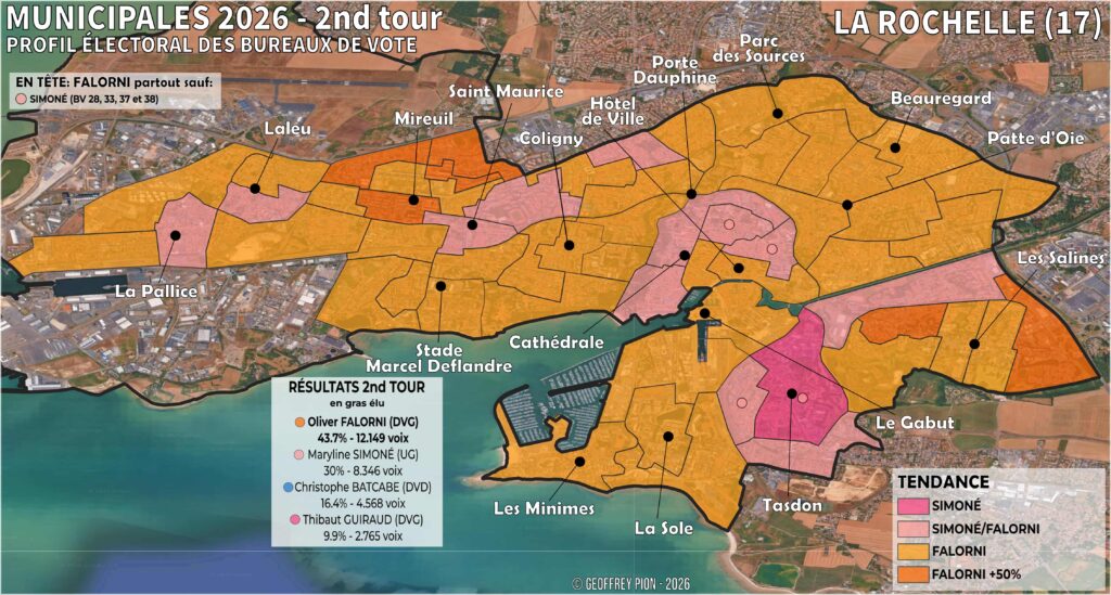Carte des résultats du second tour des municipales 2026 à la rochelle par bureau de vote tasdon, mireuil, olivier falorni, maryline simoné