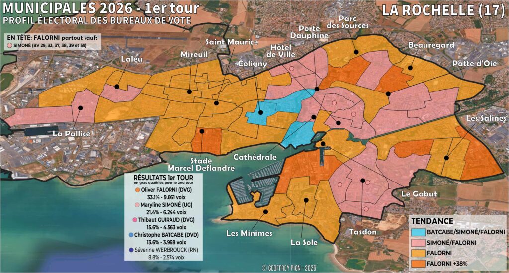 Carte électorale par bureaux de vote à La Rochelle (Charente Maritime) — élection municipale 2026, premier tour