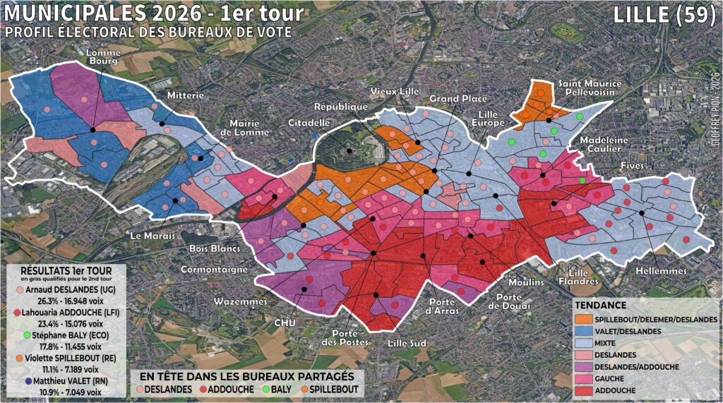 carte électorale lille, municipales 2026 lille, bureau de vote lille, géographie électorale nord pas de calais deslandes LFI