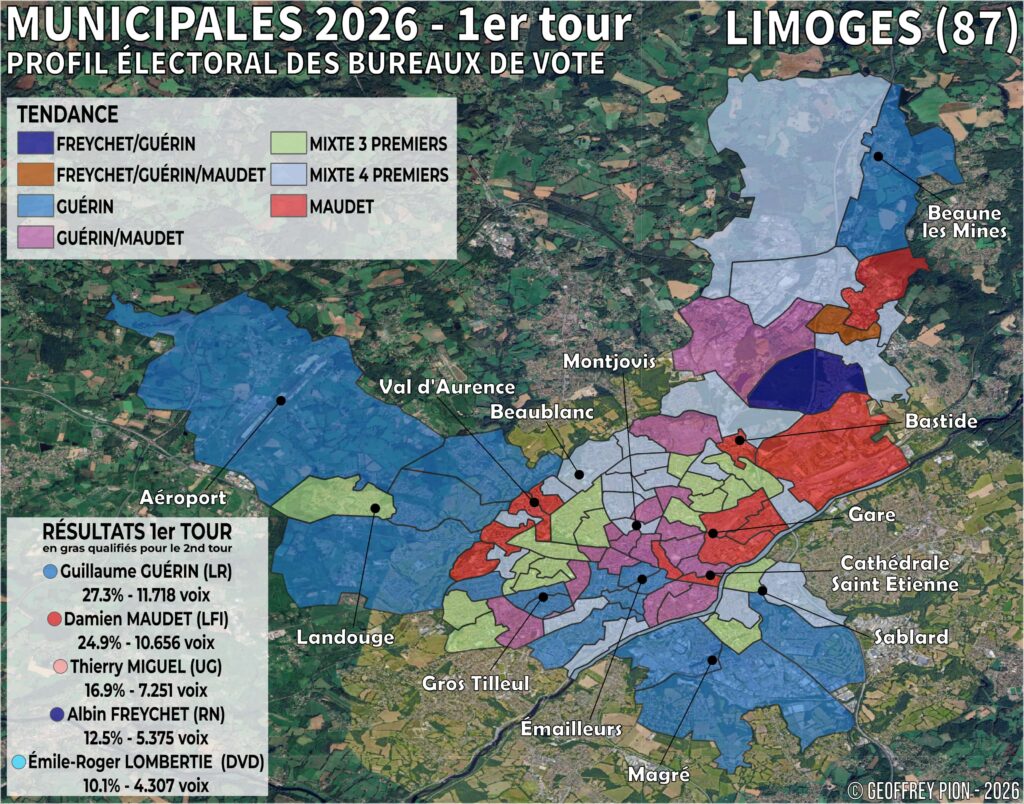Analyse cartographique du premier tour des municipales 2026 à Limoges. Résultats par bureau de vote et géographie électorale du territoire.