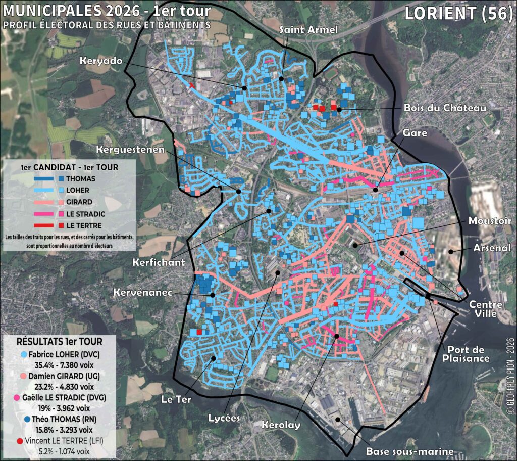 carte électorale par rue et par bâtiment - municipales 2026 1er tour à lorient (bretagne)