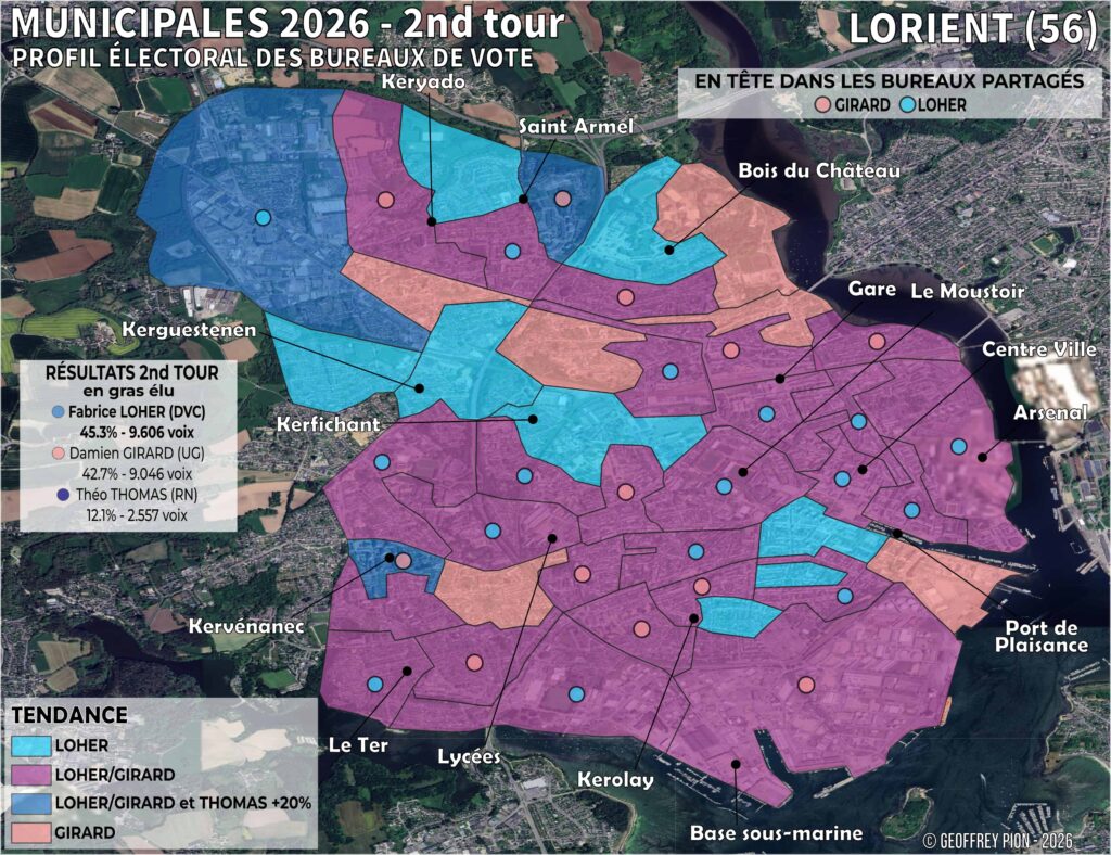 Carte électorale par bureaux de vote à Lorient (Bretagne) — élection municipale 2026, second tour