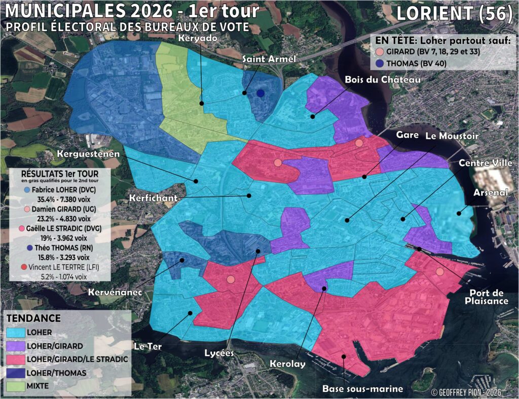 Carte des résultats du premier tour des municipales 2026 à Lorient par bureau de vote — Loher en tête, percée de Thomas dans les quartiers populaires, fusion des listes de gauche pour le second tour