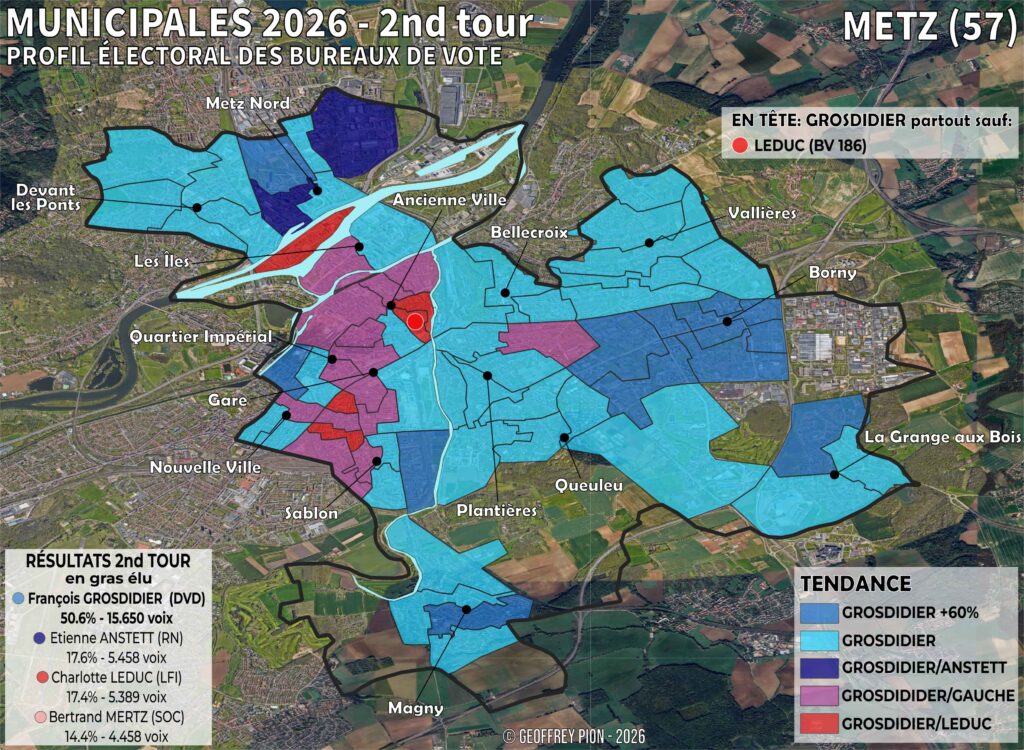 Carte des résultats du second tour des municipales 2026 à metz par bureau de vote grosdidier etienne anstett charlotte leduc bertrand mertz