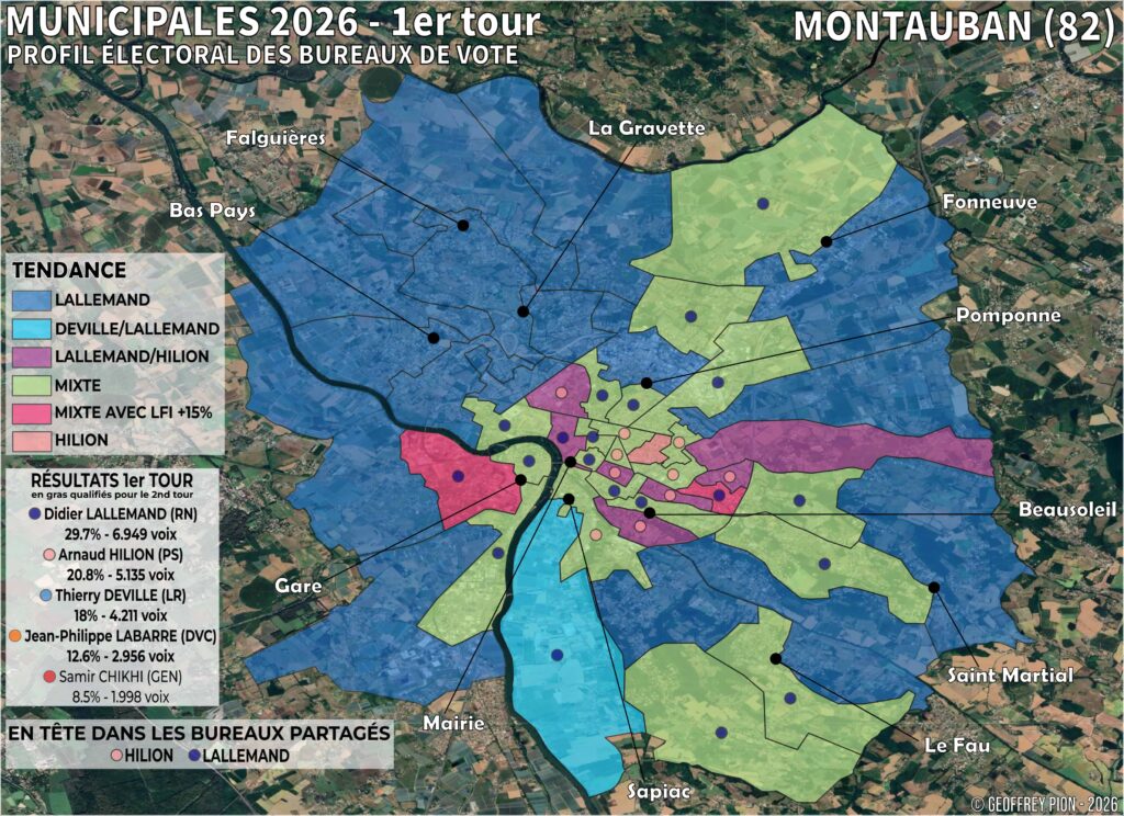 Carte des résultats du 1er tour des municipales 2026 à montauban par bureau de vote didier lallemand arnaud hilion tarn et garonne