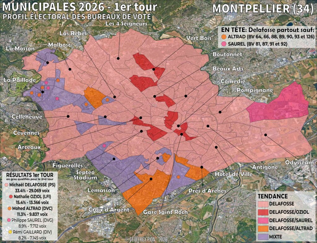 Carte électorale Montpellier municipales 2026 par bureau de vote — résultats premier tour Delafosse Oziol Altrad geoffrey pion