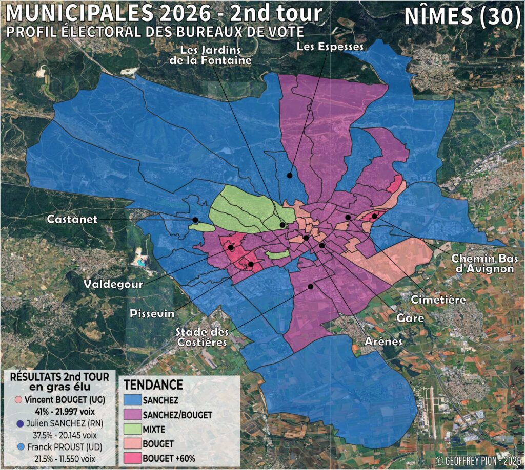 Carte des résultats du second tour des municipales 2026 à nîmes (gard) par bureau de vote