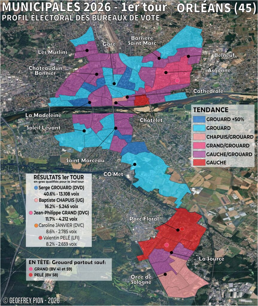 Carte des résultats du premier tour des municipales 2026 à orléans par bureau de vote