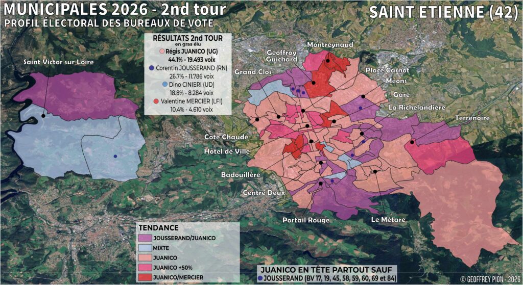 Carte des résultats du 2ème tour des municipales 2026 à saint etienne par bureau de vote loire régis juanico, corentin jousserand montreynaud, côte chaude