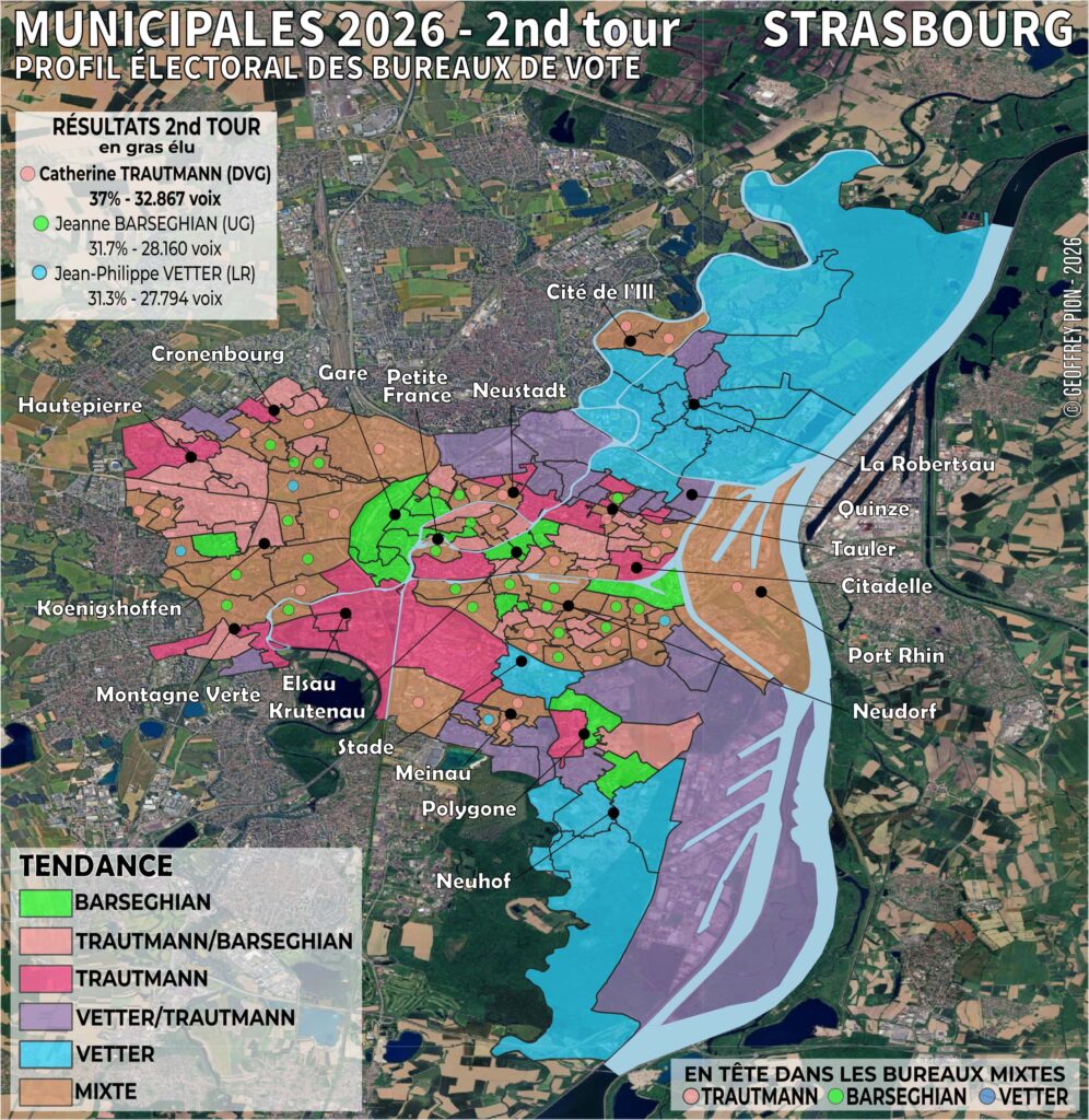 Carte électorale par bureaux de vote à Strasbourg (Alsace) — élection municipale 2026, second tour