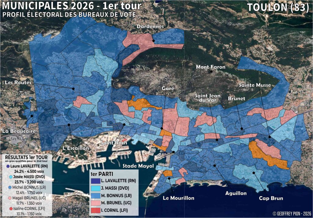 Carte des résultats du premier tour des municipales 2026 à Toulon (Var) par bureau de vote 