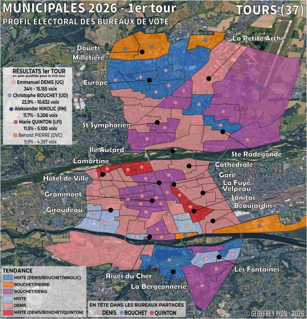 Carte des résultats du premier tour des municipales 2026 à tours (indre et loire) par bureau de vote