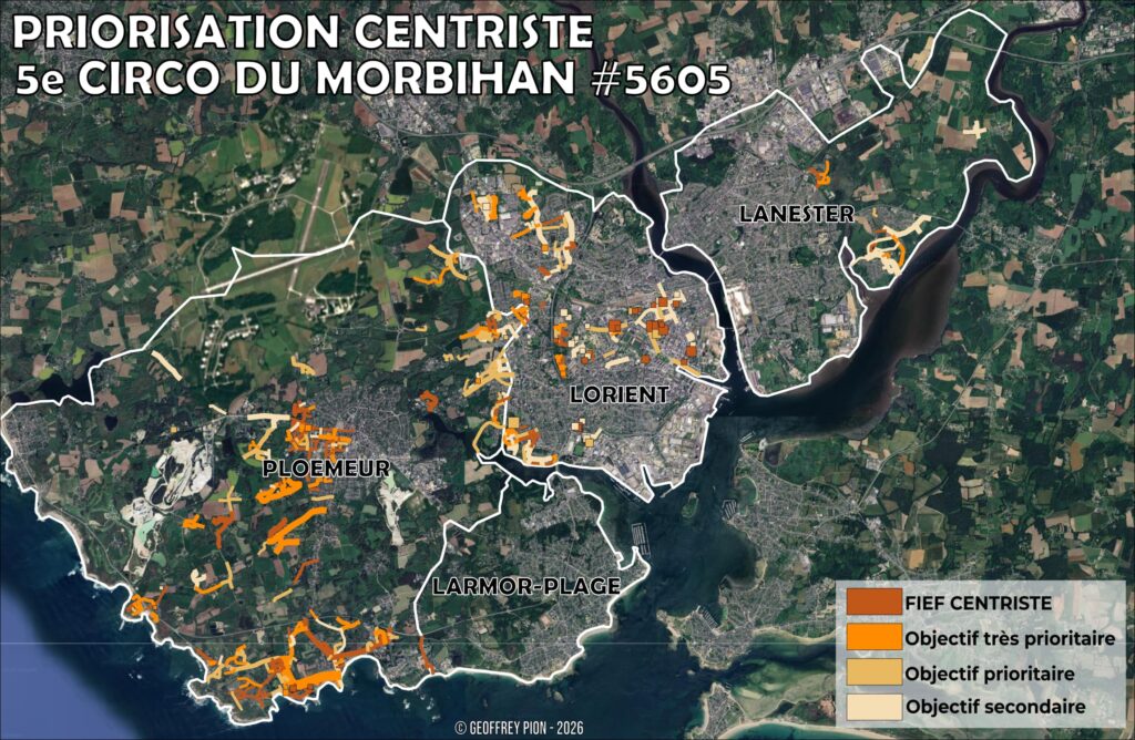 Centrist prioritisation map 5th constituency Morbihan: strongholds and canvassing targets by street and building within swing polls