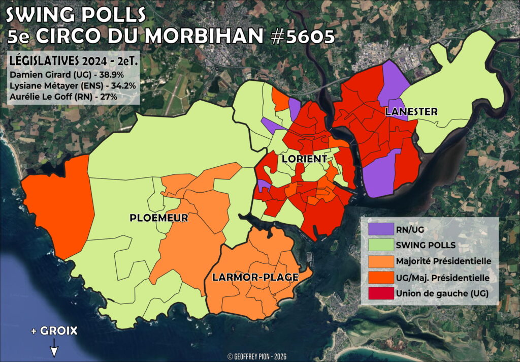 Swing polls map 5th constituency Morbihan: most contested polling districts at the second round of the 2024 legislative elections, Lorient-Ploemeur-Lanester constituency