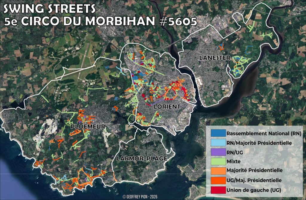 Swing streets map 5th constituency Morbihan: street and building-level targeting within contested areas, 2024 legislative elections