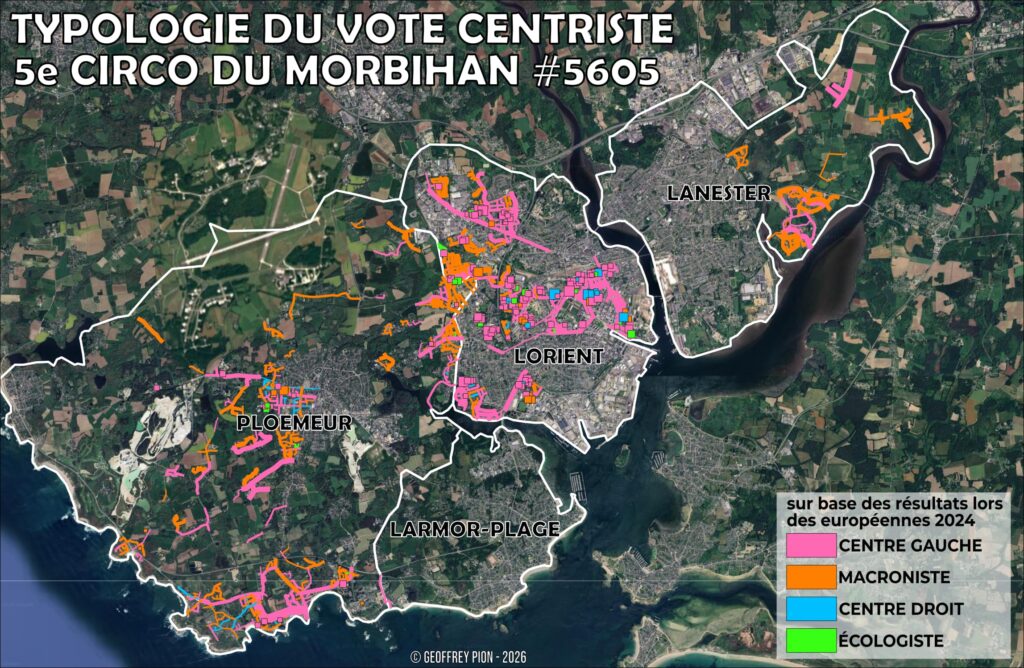 Centrist vote typology map 5th constituency Morbihan: centre-left, macronist, centre-right and ecologist by street and building