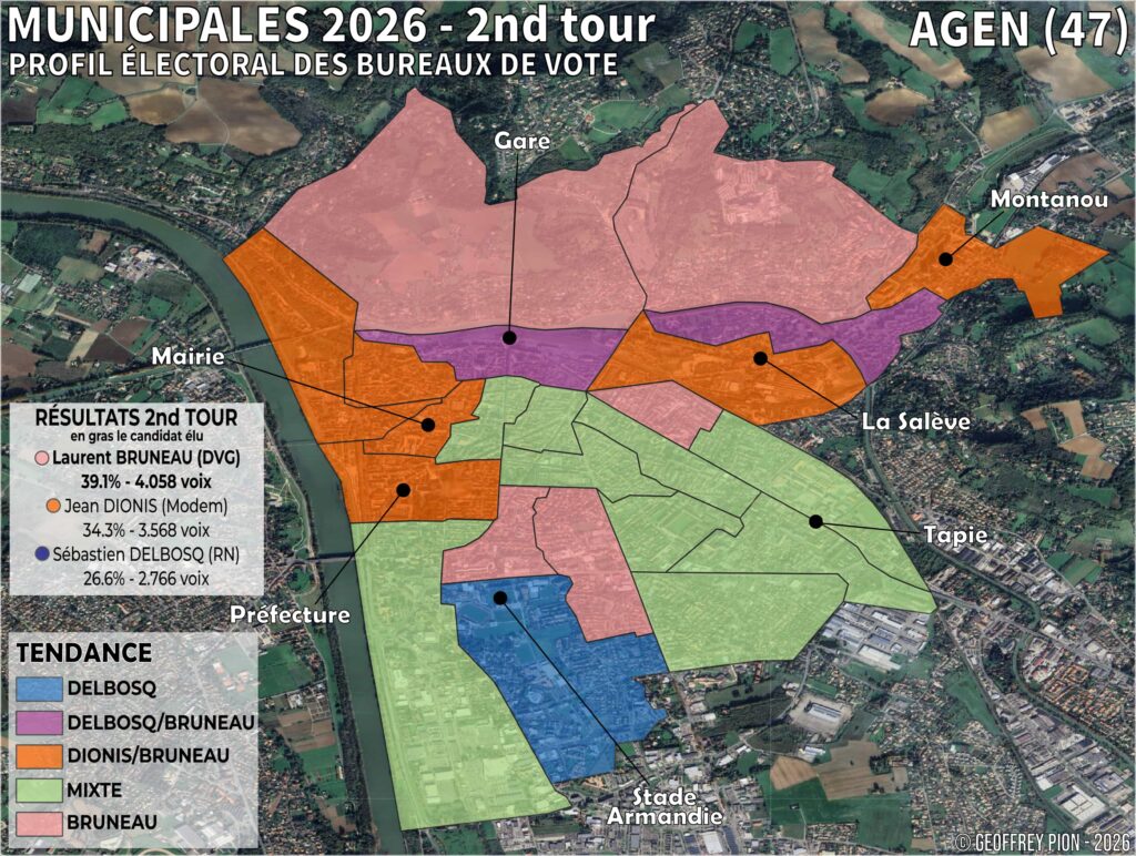 Carte des résultats du second tour des municipales 2026 à agen (aquitaine) par bureau de vote