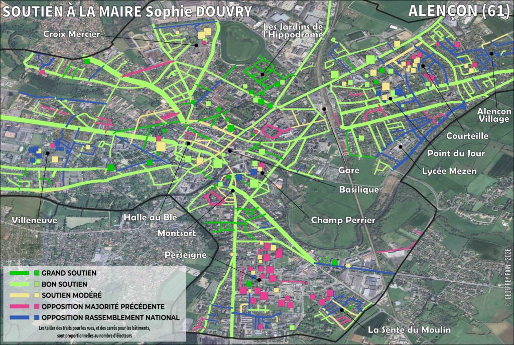 Carte de soutien à la maire élue Sophie Douvry à Alençon (normandie), rue par rue et bâtiment par bâtiment, municipales 2026