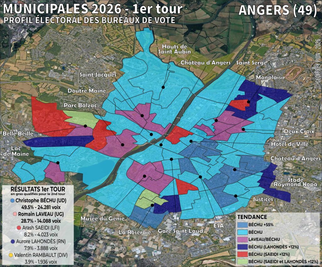 Carte des résultats du premier tour des municipales 2026 à angers (pays de la loire) par bureau de vote