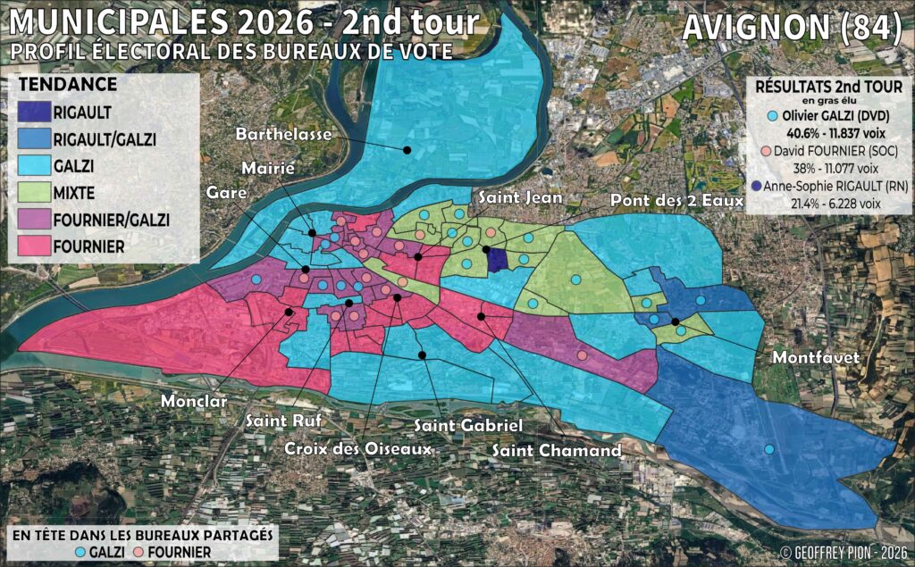 Carte par bureau de vote des résultats du second tour des élections municipales 2026 à Avignon (Vaucluse), avec les scores d