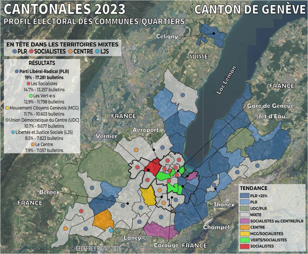 Carte électorale par quartier et par commune dans le canton de genève (suisse) lors des élections cantonales 2023