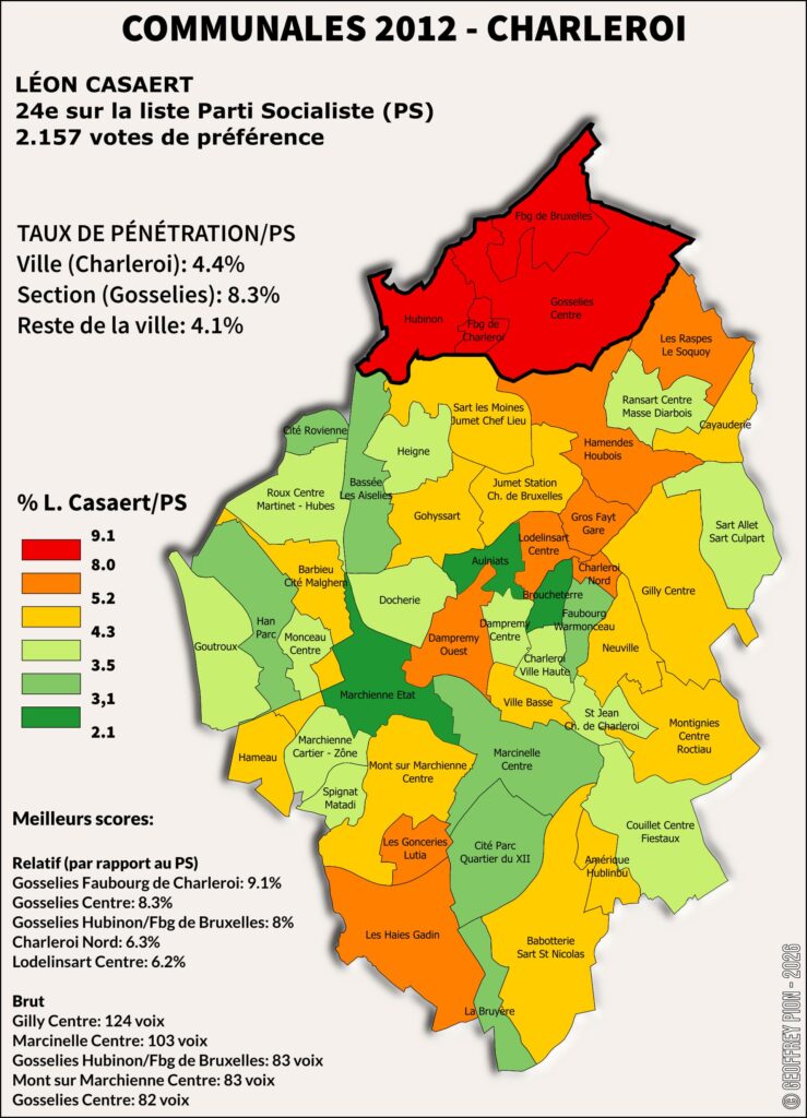 Carte par quartier du taux de pénétration électorale de Philippe Casaert (PS) aux élections communales 2012 à Charleroi, avec le détail par quartier (Gosselies, Jumet, Marchienne, Montignies, Gilly, Couillet, Charleroi Centre) en Wallonie.