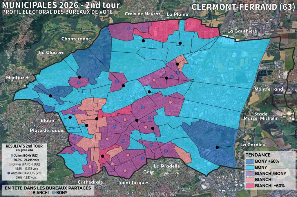 Cartes par bureau de vote des résultats du premier et second tour des élections municipales 2026 à Clermont-Ferrand (Puy-de-Dôme), avec les scores de Julien Bony, Olivier Bianchi, Marianne Maximi, Antoine Darbois, marquant l