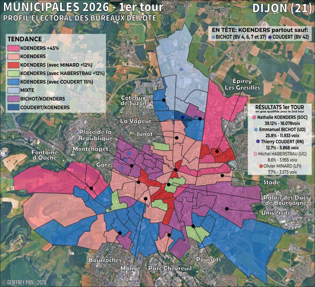 Carte des résultats du premier tour des municipales 2026 à dijon (bourgogne) par bureau de vote