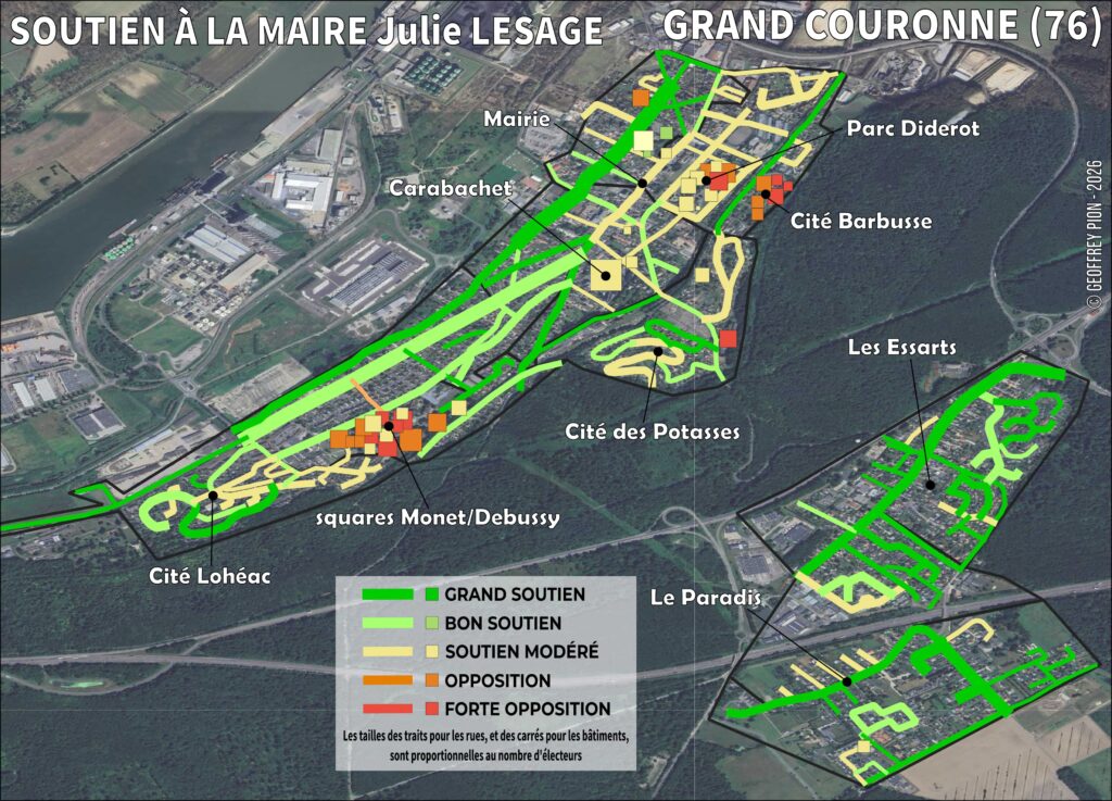 Carte de soutien à la maire élue Julie Lesage à Grand couronne (seine maritime), rue par rue et bâtiment par bâtiment, municipales 2026