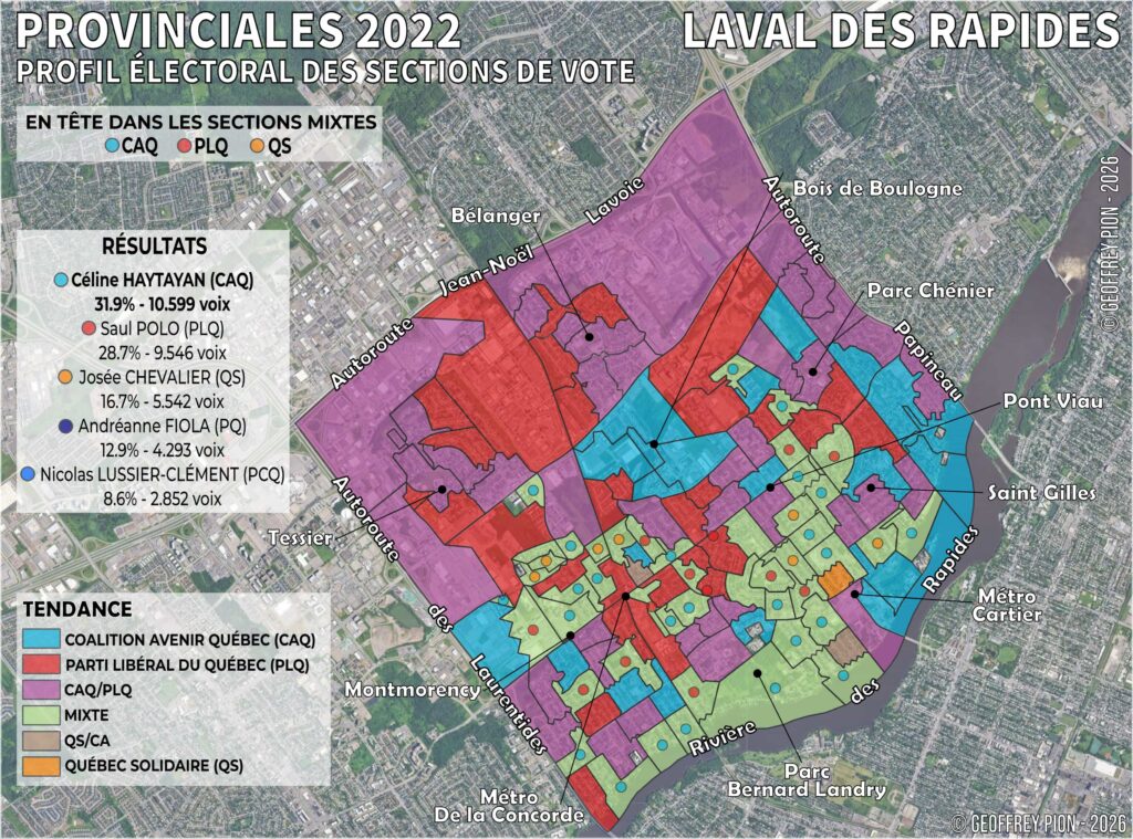 Carte électorale des résultats aux élections provinciales québécoises 2022 dans la circonscription de Laval-des-Rapides, avec les scores de Céline Haytayan (CAQ, 31,9 %), Saul Polo (PLQ, 28,7 %), Josée Chevalier (QS, 16,7 %), Andréanne Fiola (PQ, 12,9 %) et Nicolas Lussier-Clément (PCQ, 8,6 %) par section de vote