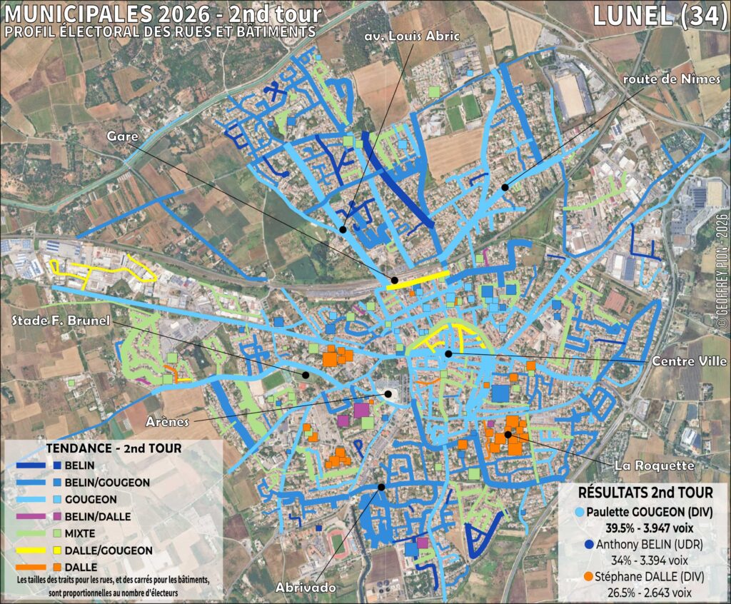 carte électorale par rue et par bâtiment - municipales 2026 2nd tour à lunel (occitanie)