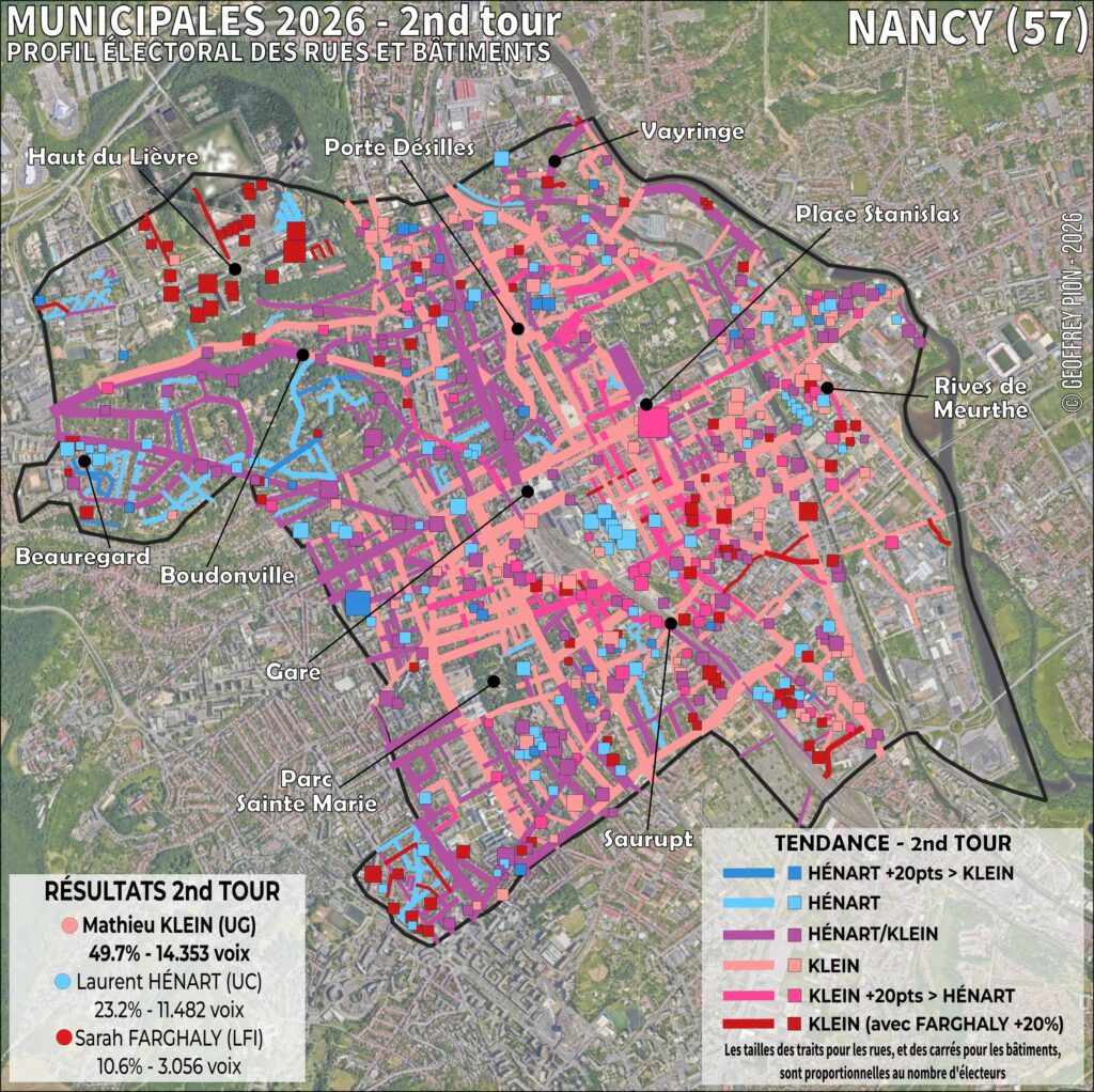 carte électorale par rue et par bâtiment - municipales 2026 2nd tour à nancy (lorraine)