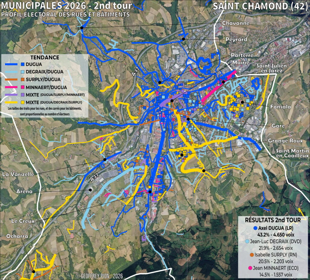 Carte par rue et par bâtiment des résultats du second tour des élections municipales 2026 à saint chamond dans la banlieue de saint etienne