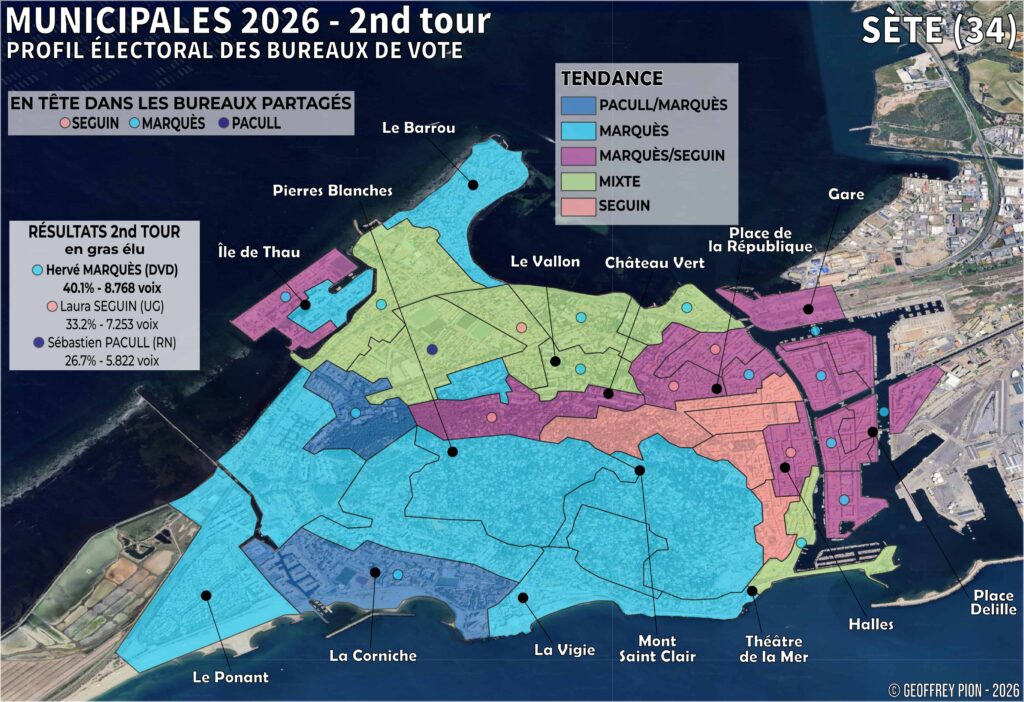 Carte électorale par bureaux de vote à Sète (Hérault) — élection municipale 2026, second tour