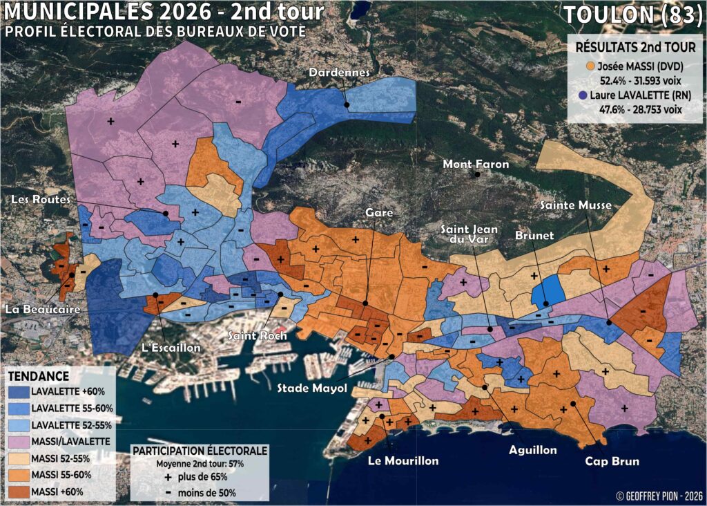 Carte des résultats du second tour des municipales 2026 à toulon (var) par bureau de vote avec prise en compte de la participation électorale