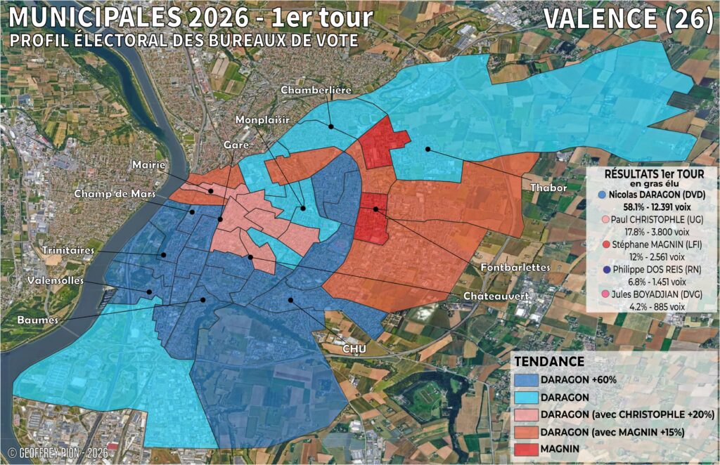 Carte des résultats du premier tour des municipales 2026 à valence (drôme) par bureau de vote
