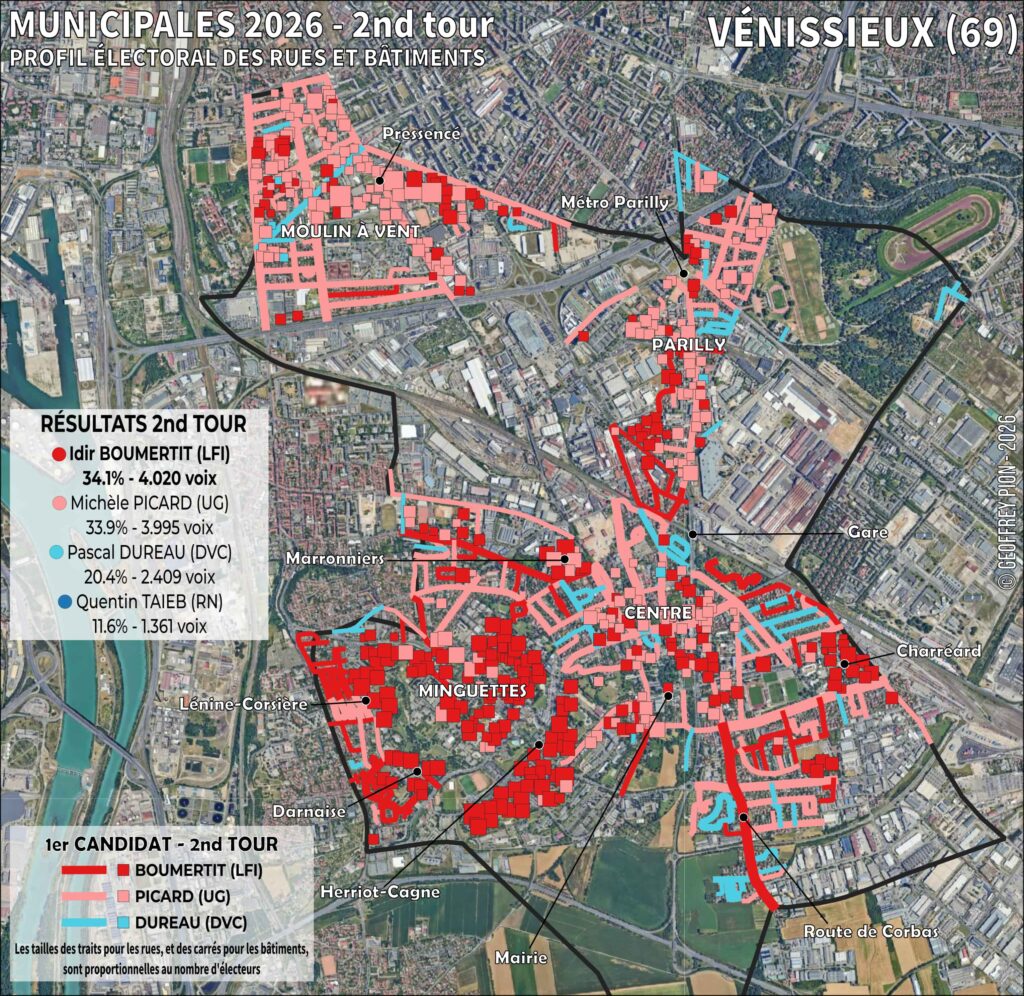 Carte par rue et par bâtiment des résultats du second tour des élections municipales 2026 à vénissieux dans la banlieue lyonnaise