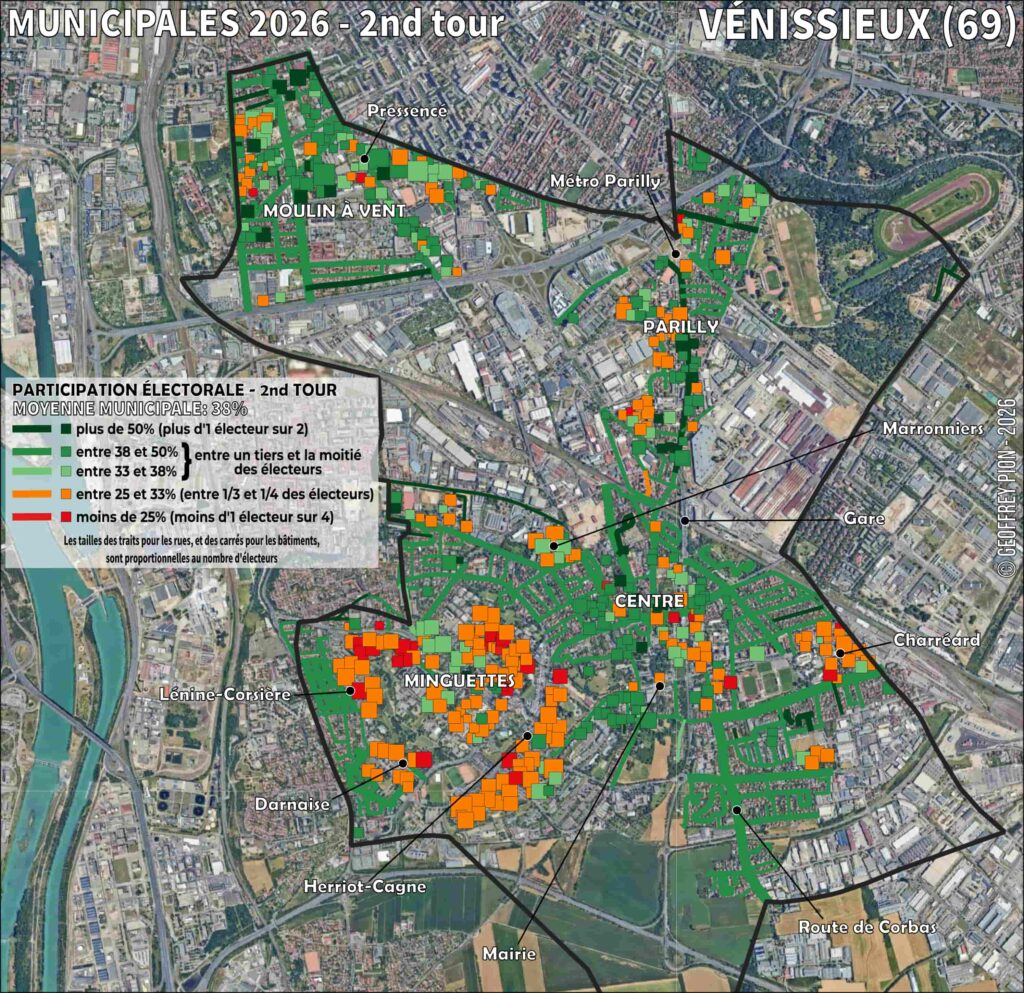 Carte par rue et par bâtiment de la participation électorale à vénissieux lors des élections municipales françaises 2026