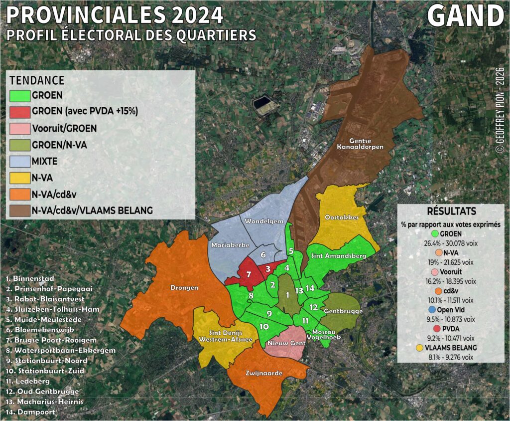 Carte synthétique par quartier des résultats des élections provinciales 2024 à Gand (Gent), avec les scores de Groen (26,4 %), N-VA (19 %), Vooruit (16,2 %), cd&v (10,1 %), Open Vld (9,5 %), PVDA (9,2 %) et Vlaams Belang (8,1 %) par quartier (Binnenstad, Drongen, Oostakker, Gentbrugge, Ledeberg, Wondelgem, Mariakerke, Sint-Amandsberg, Gentse Kanaaldorpen).