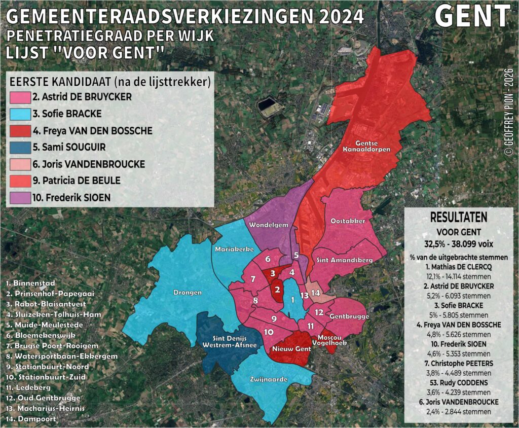 Kaart van de penetratiegraad per wijk van de kandidaten van de lijst Voor Gent (kartel Open VLD-Vooruit, 32,5%, 38.099 stemmen) bij de gemeenteraadsverkiezingen 2024 in Gent. Eerste kandidaat in voorkeurstemmen per wijk na lijsttrekker Mathias De Clercq (12,1%). Territoriale verankering voor Astrid De Bruycker, Sofie Bracke, Freya Van den Bossche, Sami Souguir (9% in Sint-Denijs-Westrem), Joris Vandenbroucke, Patricia De Beule en Frederik Sioen.