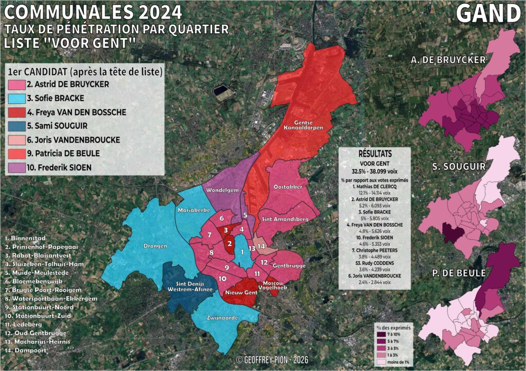 Carte du taux de pénétration par quartier des candidats de la liste Voor Gent (cartel Open VLD-Vooruit, 32,5 %, 38.099 voix) aux élections communales 2024 à Gand. Premier candidat en voix de préférence par quartier après la tête de liste Mathias De Clercq (12,1 %). Ancrages territoriaux distincts pour Astrid De Bruycker, Sofie Bracke, Freya Van den Bossche, Sami Souguir (9 % à Sint-Denijs-Westrem), Joris Vandenbroucke, Patricia De Beule (villages nord le long du canal) et Frederik Sioen