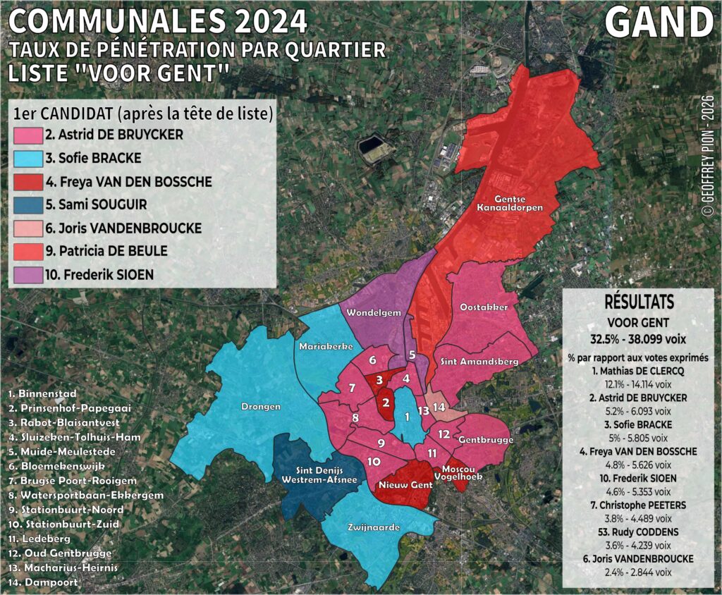 Carte par quartier du taux de pénétration de la liste Voor Gent aux élections communales 2024 à Gand, avec l