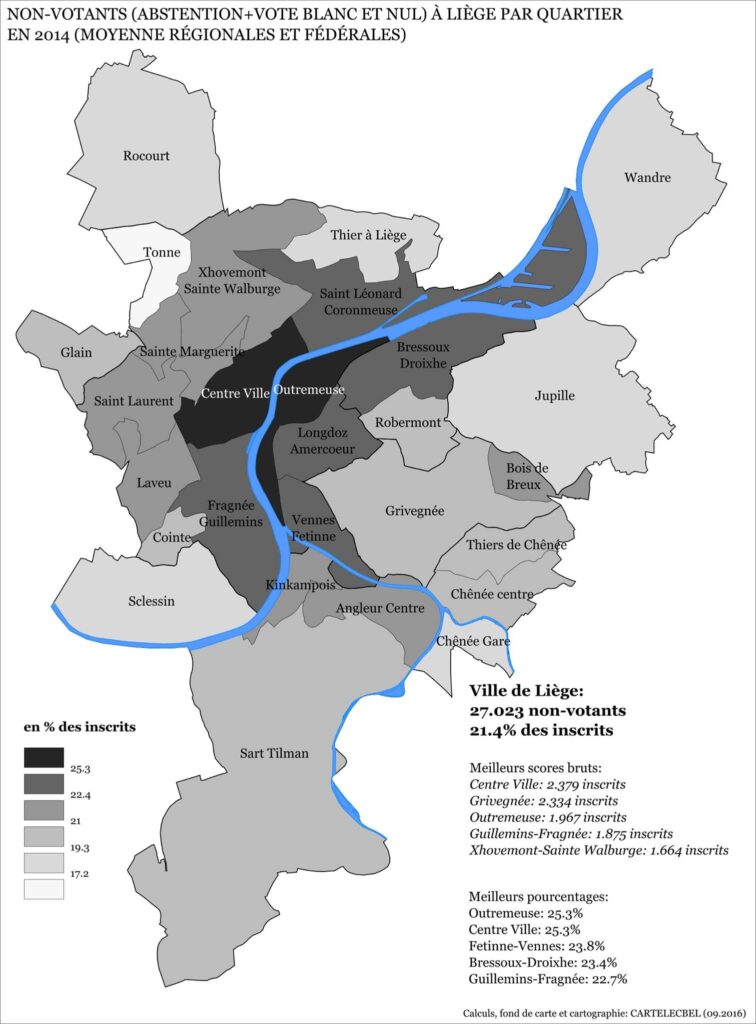 Carte par quartier de la participation électorale à liège lors des élections régionales et fédérales 2014